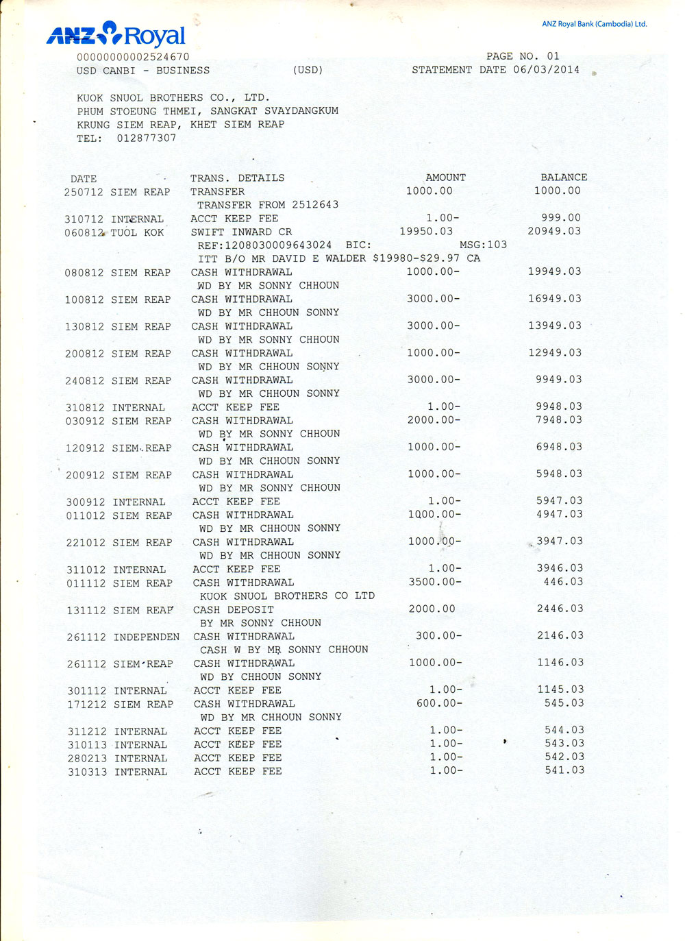 Kuok Snuol Brothers Co. Ltd. Bank Account